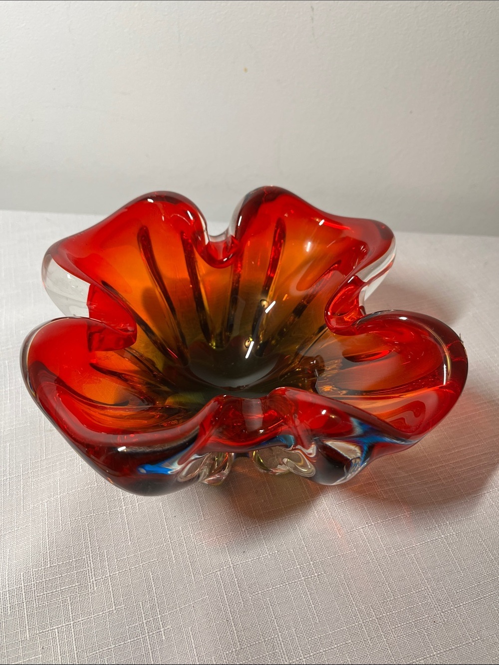 Vintage Murano art glass bowl red green blue sommerso technique ruffled rim